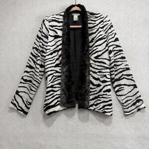 Alberto Makali Blazer Womens Medium Black Zebra Faux Fur Open Front Jacket